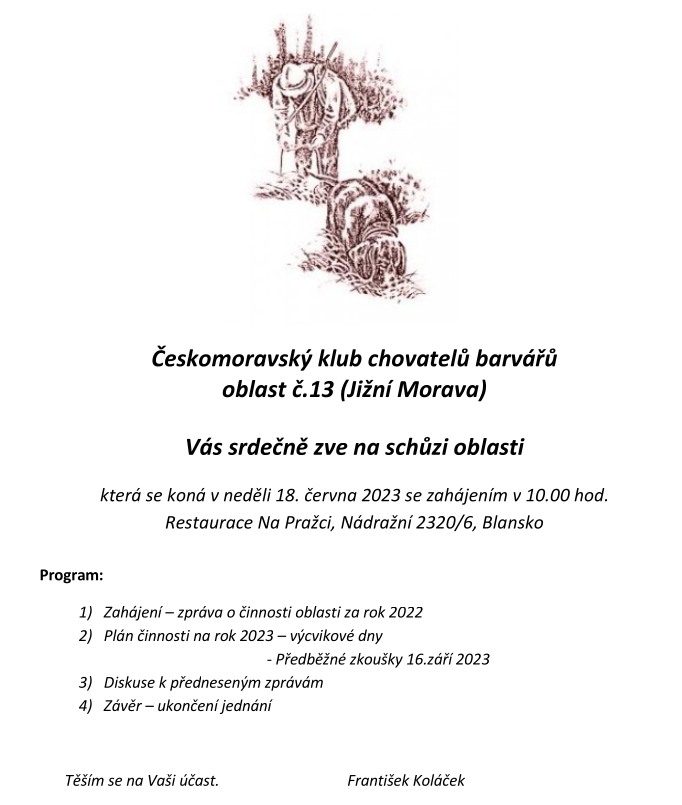 Pozvánka na schůzi spádové oblasti č.13 (jižní Morava)